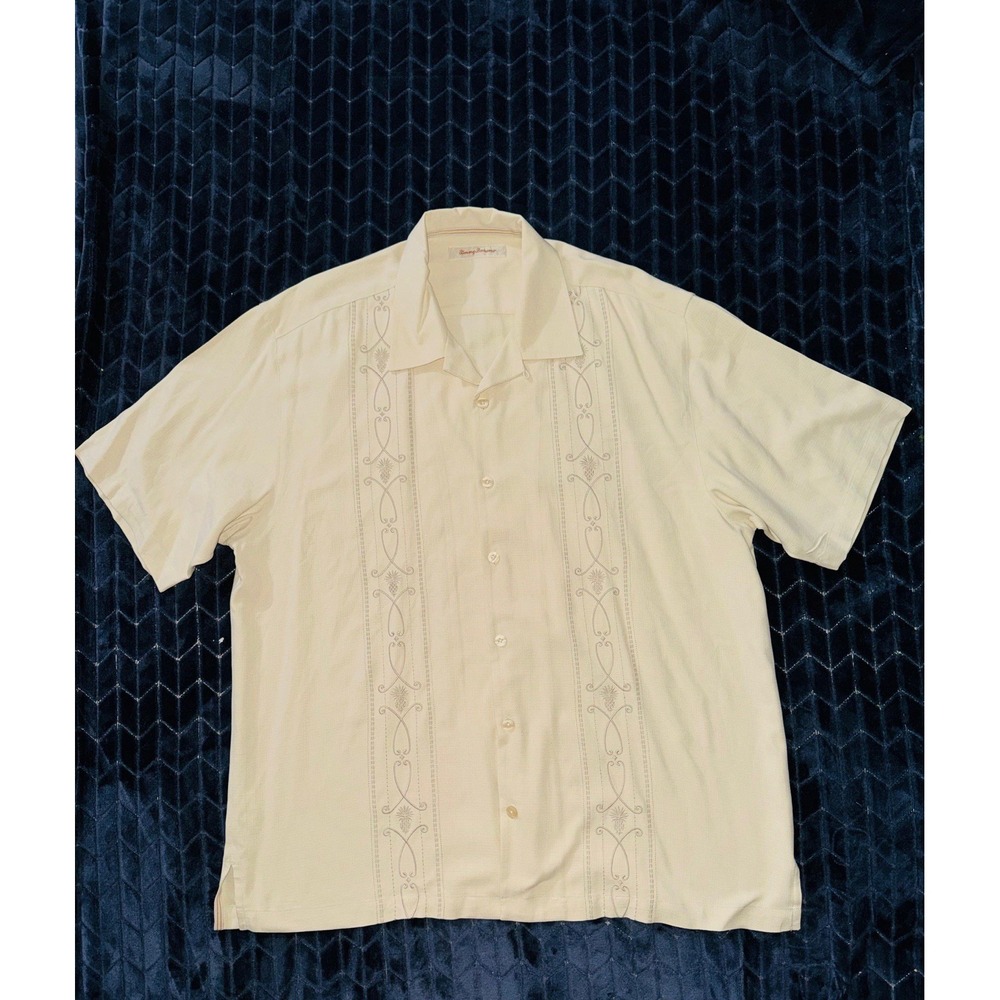 Tommy Bahama Mens Beige Camp Shirt Short Sleeve SILK Embroidered Button Sz‎ XL